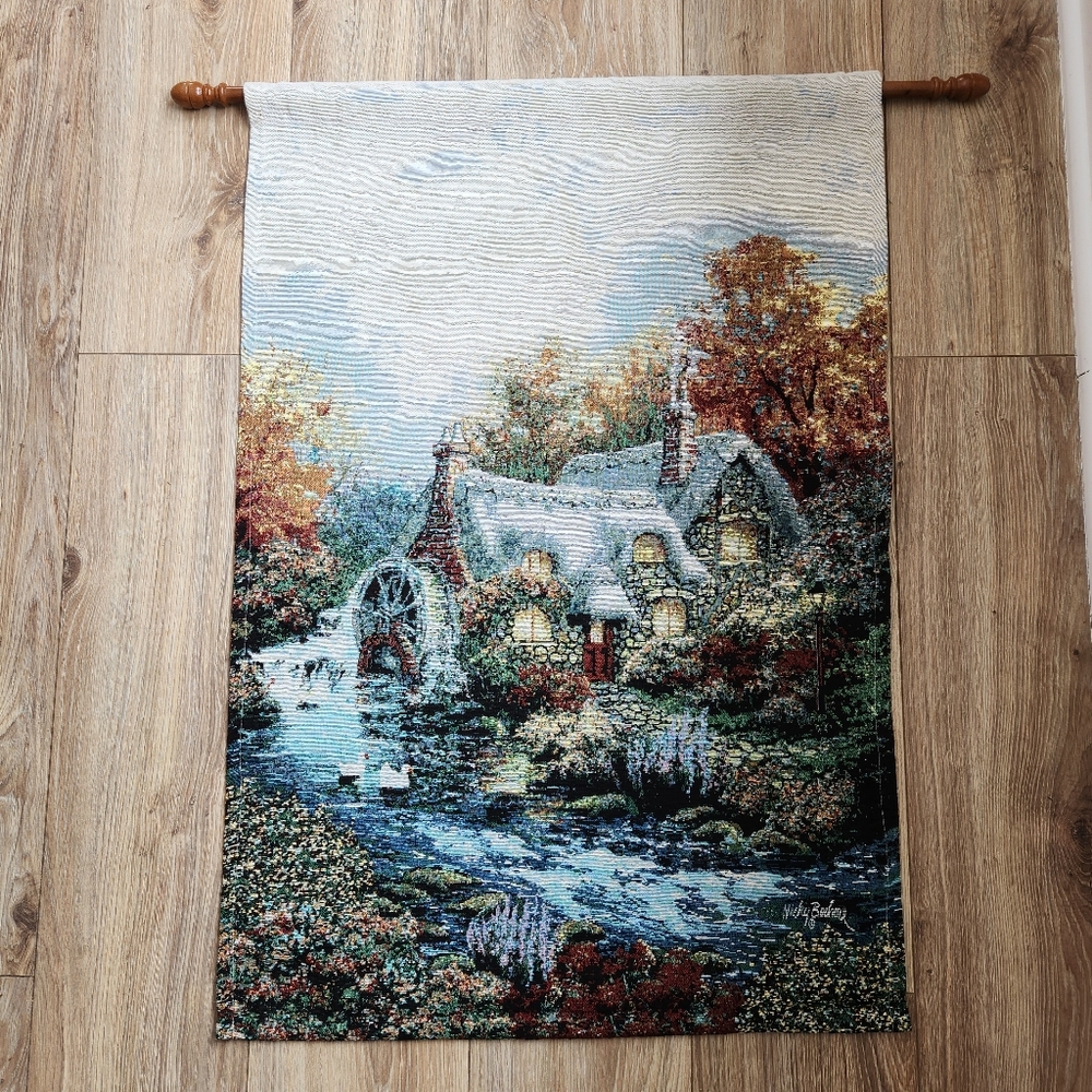 NICKY BOEHME TAPESTRY WALL HANGING STONE COTTAGE SWANS WATER MILL 37 INCHES